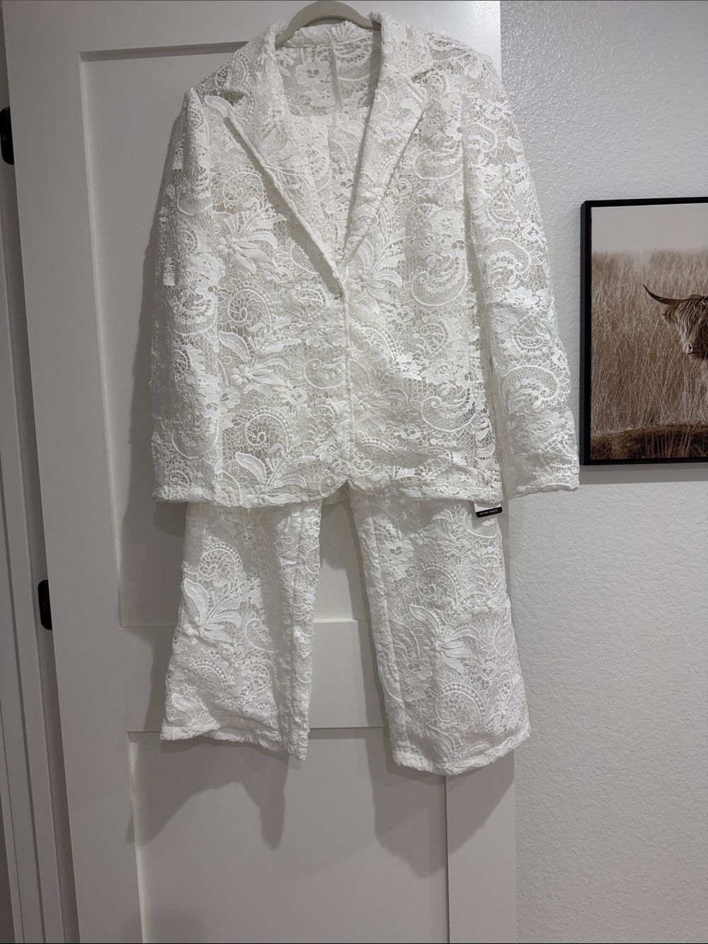 White Lace Two-Piece Blazer and Wide-Leg Pants Set
